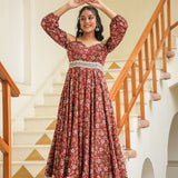 Maroon Cotton Floral Printed Gown Set