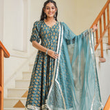 Teal Blue Cotton Printed Anarkali Set