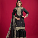 Black Embroidered Silk Floral Sharara Set