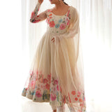 Light Cream Organza Floral Printed Anarkali Set