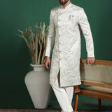 Ceramic White Printed Cotton Blend Sherwani Set