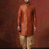 Dark Orange Cotton Blend Printed Sherwani Set