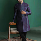 Dark Blue And Black Jacquard Texture Sherwani Set