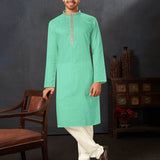 Sea Green Cotton Kurta Set With Embroidered Neck