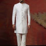 White Cotton Blend Printed Sherwani Set
