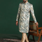 Ash Grey And Cream Cotton Blend Printed Sherwani Set