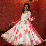 White Chanderi Floral Printed Anarkali Set