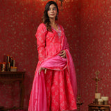 Bright Pink Chanderi Bandhani Printed Anarkali Set