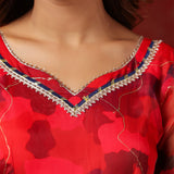 Deep Scarlet Red Organza Printed Anarkali Set