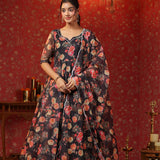 Woodsmoke Black Organza Floral Printed Anarkali Set