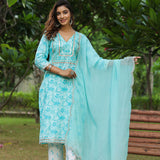 Ice Blue Cotton Floral Printed Kurti Set
