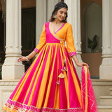 Pink And Yellow Cotton Silk Solid Anarkali Set