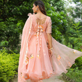 Peach Pink Organza Floral Anarkali Set