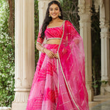 French Rose Organza Bandhani Printed Lehenga Set