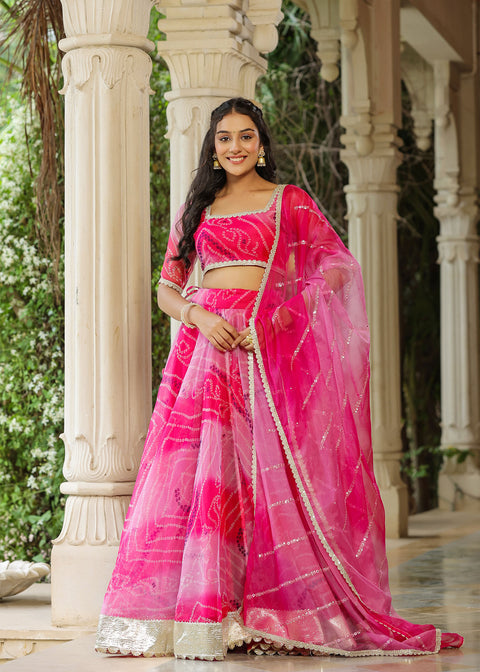 <img> French Rose Organza Bandhani Printed Lehenga Set