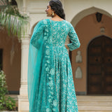 Teal Blue Cotton Floral Printed Anarkali Set