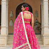 Bright Pink Organza Floral Printed Lehenga Set