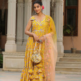 Saffron Yellow Cotton Floral Printed Anarkali Set