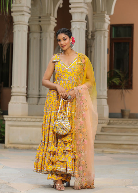 <img> Saffron Yellow Cotton Floral Printed Anarkali Set