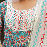 Persian Green Cotton Floral Printed Anarkali Set