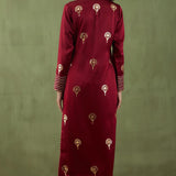 Floral Foil Print Dark Maroon Straight Kurta Set With Velvet Dupatta