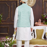 Milk White Art Banarasi Silk Kurta Set With Jacket