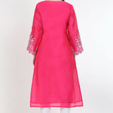 Mexican Pink Raw Silk Floral Embroidered Kurti Set