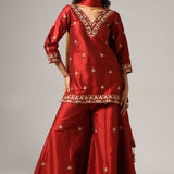 Maroon Raw Silk Kurti With Sharara And Net Dupatta