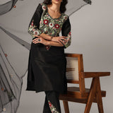 Black Raw Silk Kurti With Pants And  Dupatta