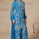 Aqua Blue Georgette Embroidered Kurti Set With Loose Pants