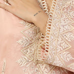<img> Peach Pink Organza Thread Embroidered Kurti Set