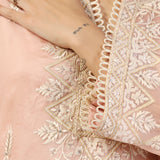 <img> Peach Pink Organza Thread Embroidered Kurti Set