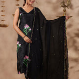 Black Organza Floral Painted Kurti Set