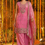Blossom Pink Floral Embroidered Silk Kurta Set