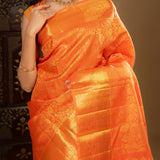 Vivid Orange Floral Kanjivaram Silk Saree