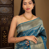 Dark Cyan Blue Floral Kanjivaram Silk Saree