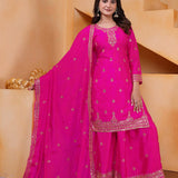 Bright Pink Silk Embroidered Sharara Set