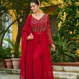 Red Faux Blooming Embroidered Anarkali Set With Slit