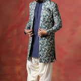 Blue Cotton Blend Printed Sherwani Set