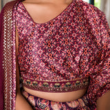 Wine Satin Printed Lehenga Set