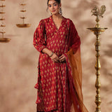Maroon Cotton Printed Kurti Set