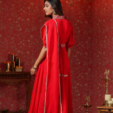 Scarlet Red Crepe Belt Draped Solid Dupatta Dress