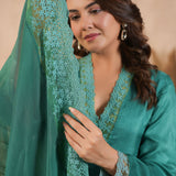 Teal Green Russian Silk Solid Kurti Set