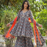 Black Cotton Floral Printed Gharara Set