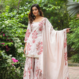 Champagne White Cotton Floral Printed Sharara Set