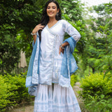 Bluish White Cotton Printed Sharara Set
