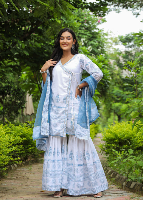 <img> Bluish White Cotton Printed Sharara Set