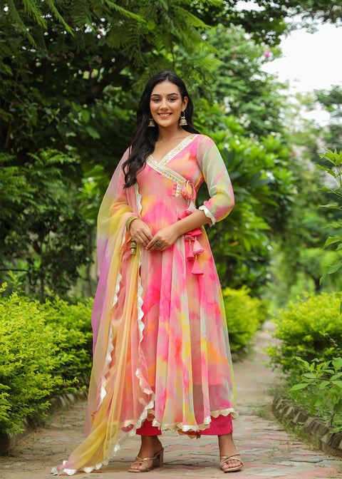 <img> Taffy Pink Chiffon Printed Anarkali Set
