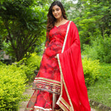 Rose Red Organza Abstract Printed Sharara Set