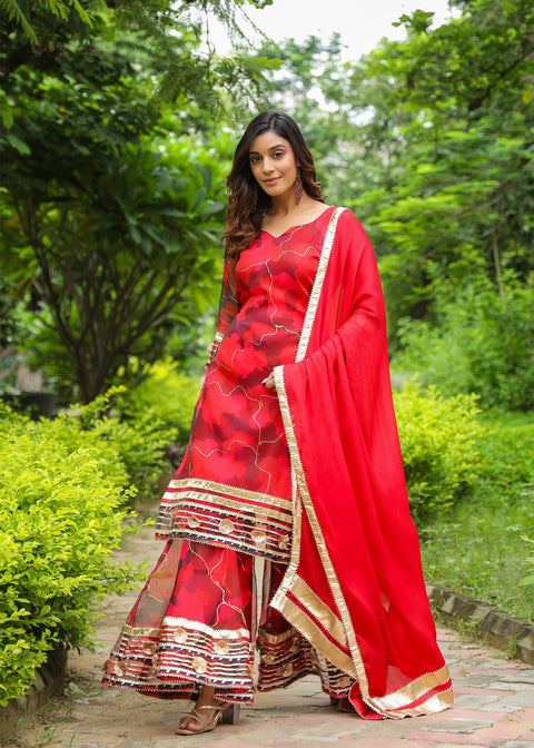 <img> Rose Red Organza Abstract Printed Sharara Set